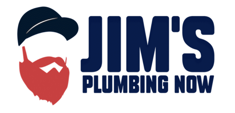 horizontal red, white, and blue Jim's Plumbing now logo