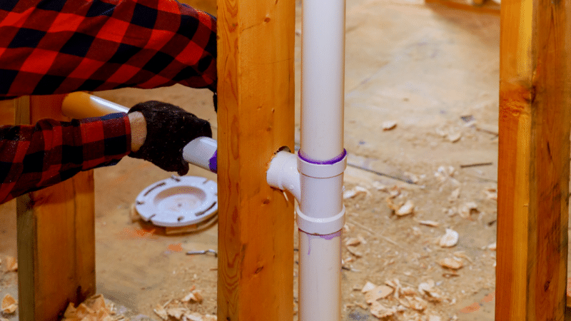Close up of PVC plumbing being installed to the frame of a home under construction. There are a man's hands holding one side of the PVC plumbing in place.